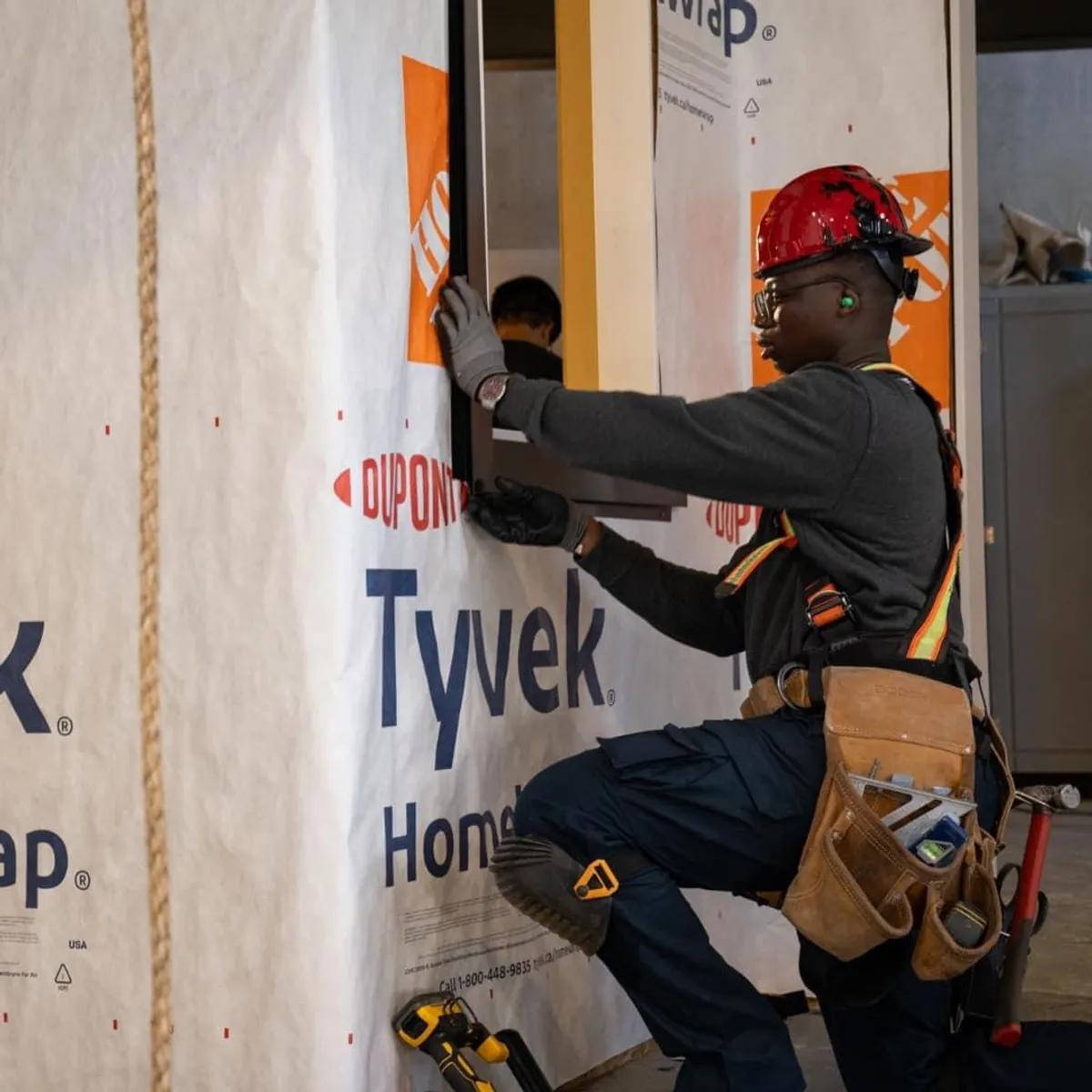 Fanatech crew installing exterior house wrap on site